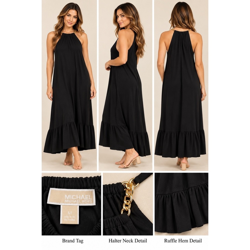 Michael Kors Halter Dress Womens M Black Quiet Luxury Elevated Basics Chain Neck